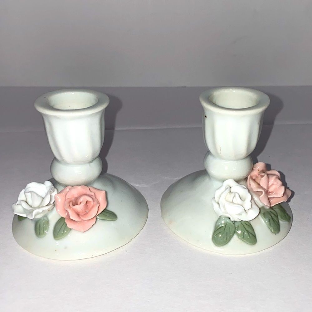 Vintage Porcelain Small Candle Stick Holders With Hand Painted Rose Design